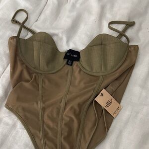 PRETTY LITTLE THING Olive Green Mesh Bustier Bodysuit